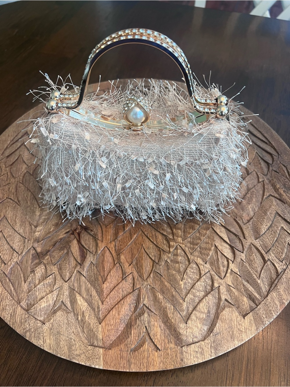 New Elegant Feather-Trim Pearl Accent Clutch - Cream